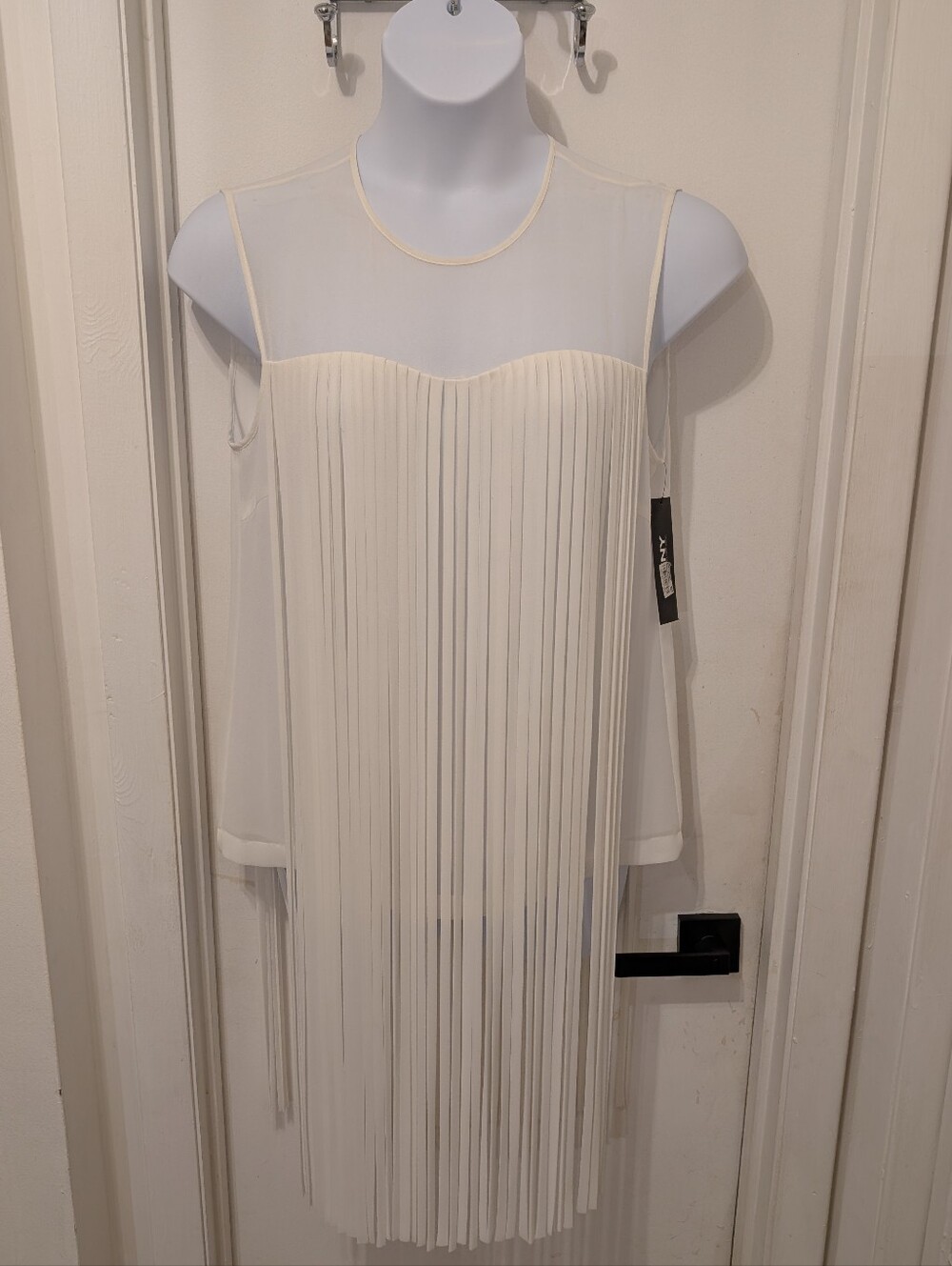 DKNY Cream Fringe Mini Dress with Sheer Yoke